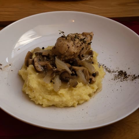 Imagine the elegant The Ghostly Gala: tender chicken on white purée, accented by dark pepper shadows.