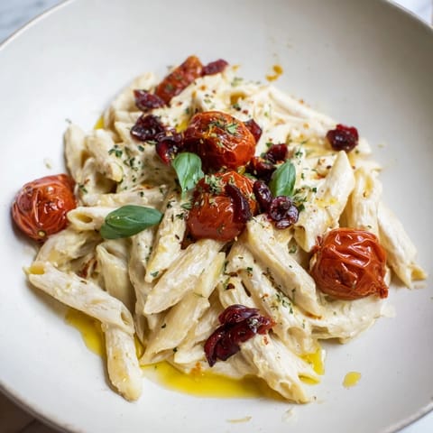 Golden-topped baked feta pasta with fresh cranberries, a simple Mediterranean-inspired main dish.
