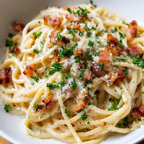 A flavorful closeup shows the creamy garlic bacon pasta tossed with Parmesan, a delightful dinner idea.