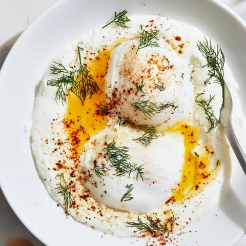 A close-up of a flavorful Cilbir: perfectly poached eggs, garlic yogurt, and a spice-infused butter sauce.
