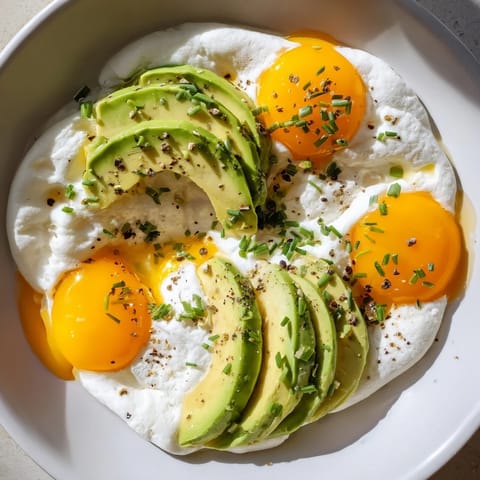 A close-up view of golden Cloud Bread Breakfast Clouds garnished with fresh chives and ripe avocado.  