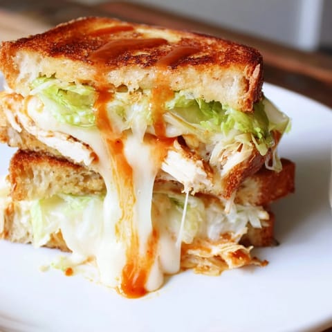 Golden-brown Buffalo Chicken Caesar Grilled Cheese sandwiches ooze with melted cheese and a spicy, creamy filling.