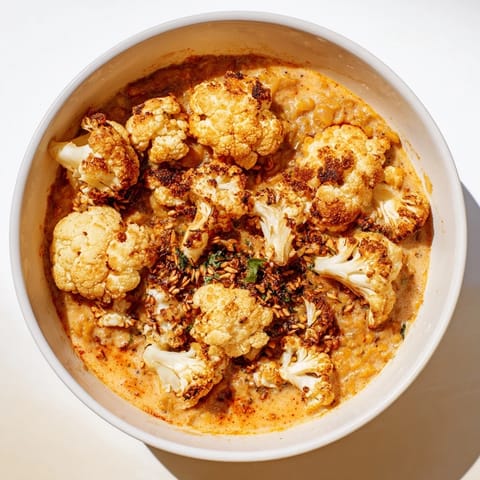 Steam rises from a comforting bowl of red lentil dhal featuring aromatic spices and tender cumin-roasted cauliflower.  