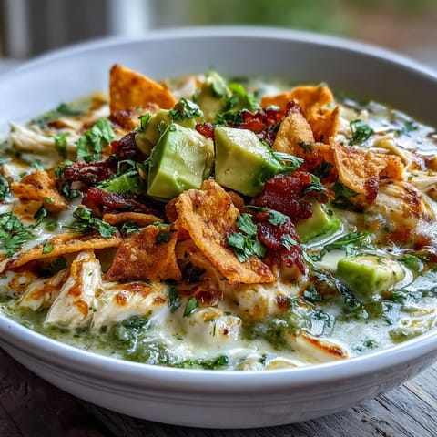 A close-up of Creamy Chicken Tortilla Soup topped with fresh cilantro, jalapeño slices, and a lime wedge.