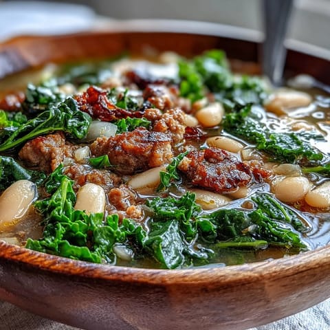 A close-up of hearty Italian White Bean Soup with Kale and Sausage, featuring creamy beans and vibrant green kale in a rustic bowl.