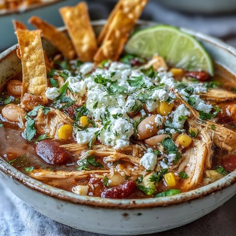 A hearty Chicken Tortilla Soup simmering in a pot with tender shredded chicken, pinto beans, and vibrant red bell peppers.