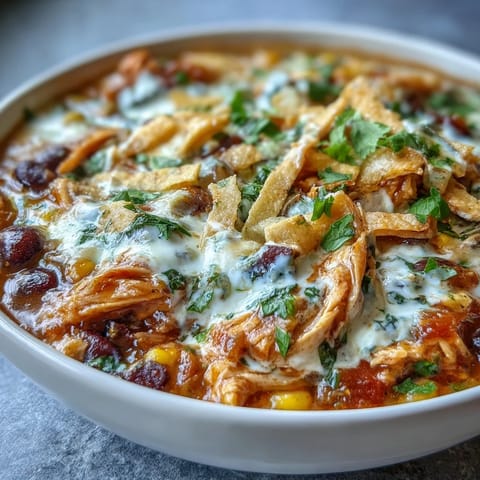 A hearty bowl of Easy Chicken Tortilla Soup garnished with tortilla strips, lime wedges, and a creamy, cheesy texture.