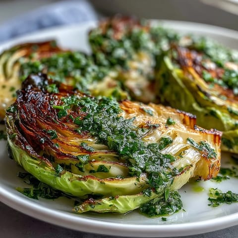Golden-brown cabbage steaks drizzled with bright, spicy jalapeño chimichurri sauce.