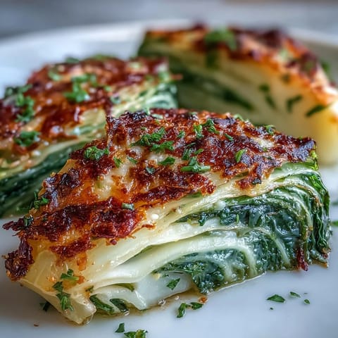 Golden-brown Roasted Garlic Parmesan Cabbage Wedges brushed with garlic oil, served hot from the oven.