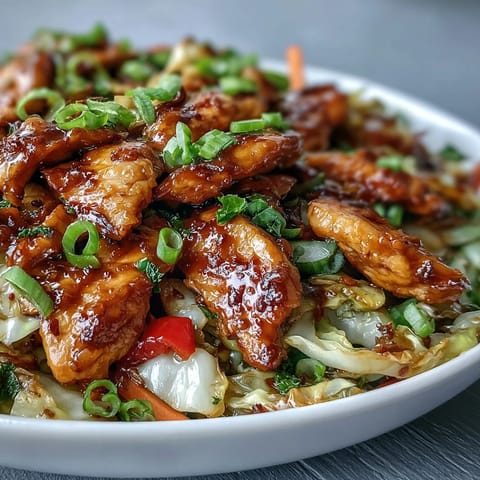Tender chicken and shredded cabbage stir-fry with vibrant red bell peppers and green onions, served steaming hot.