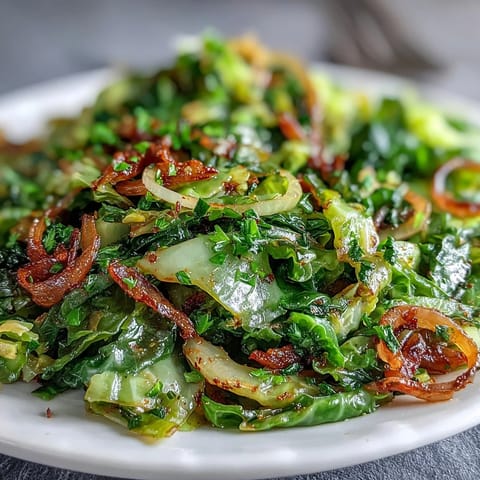 Sautéed Cabbage With Garlic and Mediterranean Spices in a pan, lightly caramelized and served alongside grilled chicken for dinner.