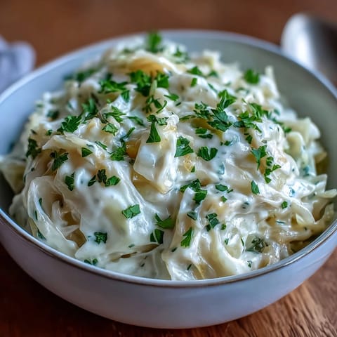 A warm skillet of Creamed Cabbage with a rich, velvety sauce, ideal next to roasted chicken or pork.
