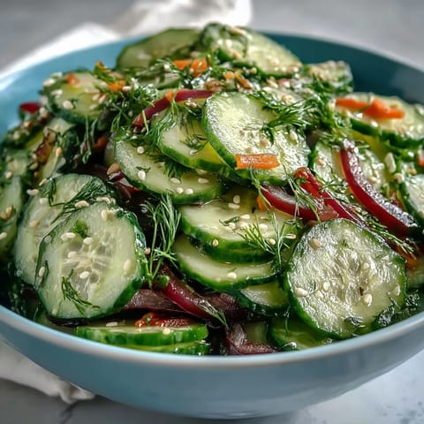 Cool Refreshing Crunchy Cucumber Salad in a white bowl, featuring crisp cucumbers and red onions.