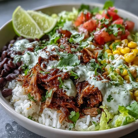 Golden-brown, tender Carnitas Burrito Bowl with fluffy rice, black beans, sweet corn, and crisp lettuce topped with zesty salsa.