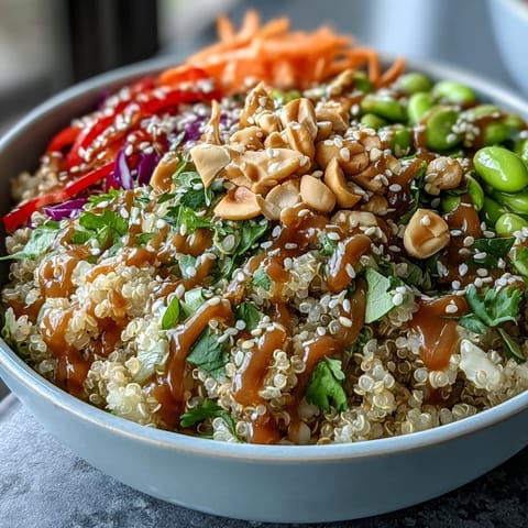 Vibrant vegan Thai Coconut Quinoa Bowl featuring fluffy coconut quinoa, crisp cucumbers, edamame, and a glossy peanut lime dressing, ready to serve.