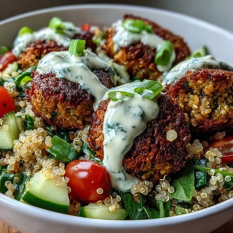 Golden brown baked falafel sits atop fluffy quinoa with crisp cucumber and tomatoes in a Falafel Quinoa Salad Bowl.