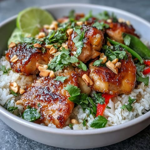 Fragrant Thai Chicken Coconut Bowl with creamy coconut rice, tender chicken, and fresh herbs.
