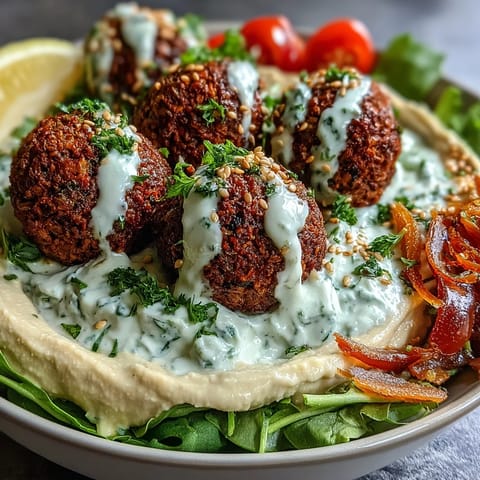 A vibrant Falafel Bowl with falafel, hummus, tzatziki, cucumbers, tomatoes, and parsley garnish, ready to enjoy.