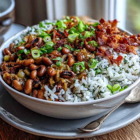 Savory Hoppin' John served in a rustic bowl, garnished with crispy bacon and green onions, perfect for a traditional Southern meal.