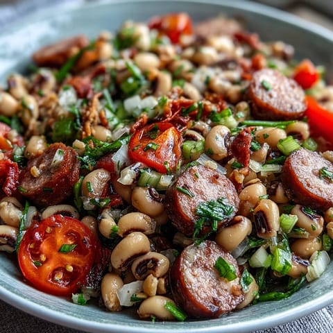 A bowl of Hoppin John Style Black-Eyed Pea Salad featuring turkey sausage, crisp vegetables, and tarragon garnish.
