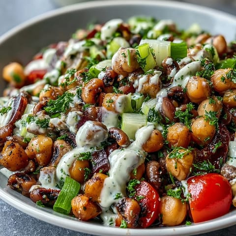 Fork-tender New Years Hoppin John Salad tossed with crisp vegetables and drizzled with creamy tahini dressing. 