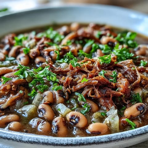 A hearty ladle of Classic New Years Black-Eyed Peas served over fluffy white rice with a dash of hot sauce.