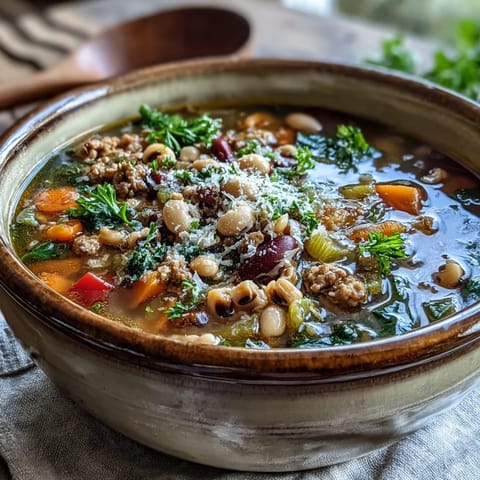 Steaming Black-Eyed Peas and Sausage Soup in a Dutch oven with carrots and celery.
