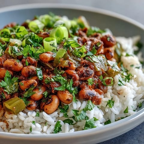 A hearty bowl of Vegetarian Hoppin John with black-eyed peas, smoky spices, and bright herbs. 