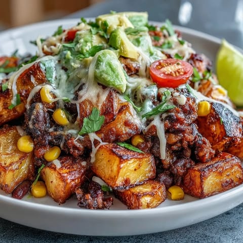 Colorful Loaded Potato Taco Bowl featuring black beans, corn, and cherry tomatoes, served with sour cream and a bright lime wedge.