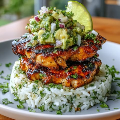 A close-up of the Tangy Honey Lime Chicken & Avocado Rice Stack showing juicy grilled chicken and a vibrant avocado salsa.