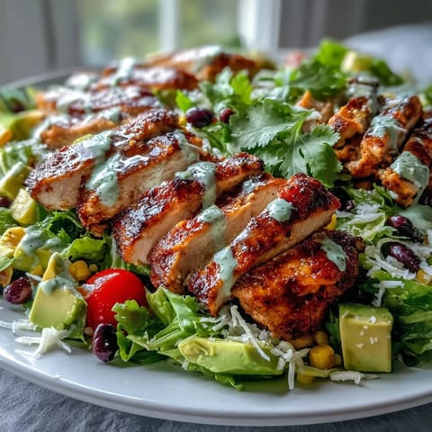 Colorful High Protein Southwest Chicken Salad features chopped romaine, cherry tomatoes, red onion, and shredded cheddar with zesty lime-cilantro dressing.