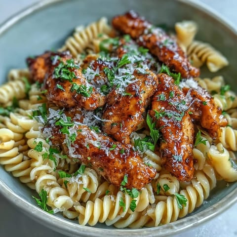Steaming Honey Pepper Chicken Pasta in a skillet with golden chicken strips and penne tossed in a peppered honey glaze.