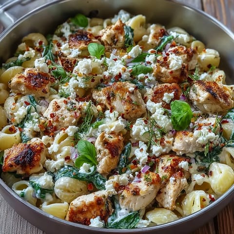 Greek Chicken Feta Pasta Skillet