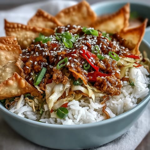A close-up of Crispy Baked Egg Roll Chicken Bowl featuring savory ground chicken and fresh green onions.