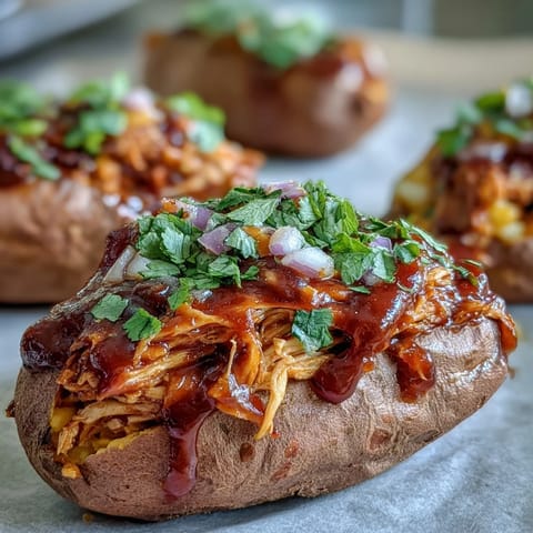 Golden-baked sweet potato boats overflowing with saucy honey BBQ chicken, topped with melted cheddar cheese and fresh green onions.