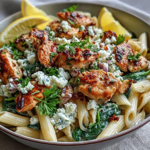 This Greek Chicken Feta Pasta Skillet is garnished with fresh parsley and lemon wedges on a rustic wooden table.