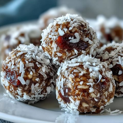 Shredded coconut coated Vegan Coconut Lime Energy Balls with dates and cashews sit on a white plate with lime slices, bright and tropical.