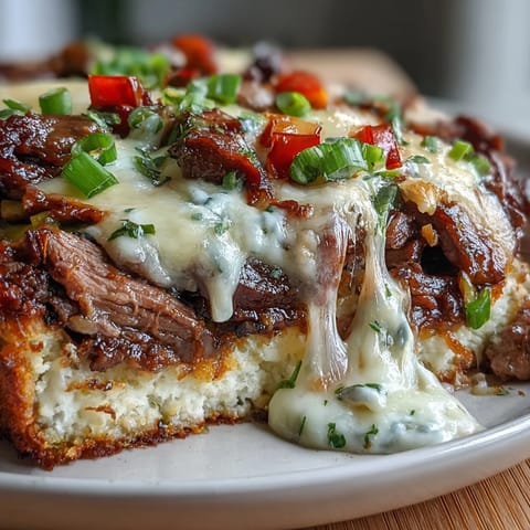 A close-up slice shows tender beef, sautéed peppers and onions nestled in cauliflower rice inside this Keto Philly Cheesesteak Casserole.