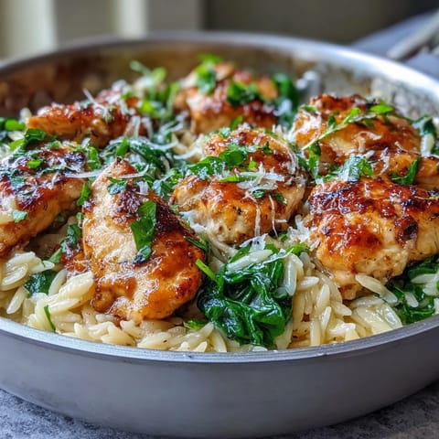 Golden seared chicken pieces nestled in creamy orzo pasta with wilted spinach and fresh parsley garnish.