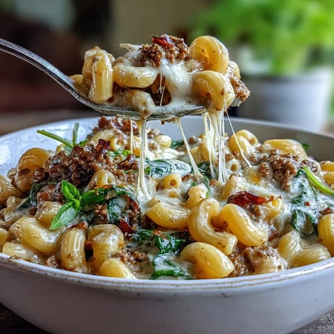 Creamy Tuscan Chili Mac is plated with crusty bread for dipping into the rich, hearty sauce.