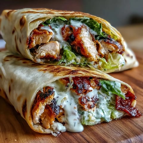 Flavorful Caesar salad with grilled chicken and Parmesan wrapped in soft, garlicky naan flatbread, served with lemon wedges for a zesty finish.  