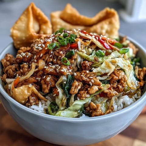 Deconstructed egg roll bowl featuring ground chicken, crunchy veggies, and golden baked wonton strips for texture.