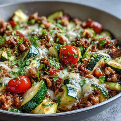 Colorful one-pot turkey taco zucchini skillet with ground turkey, diced zucchini, and melted cheddar cheese in a sizzling Tex-Mex tomato sauce.