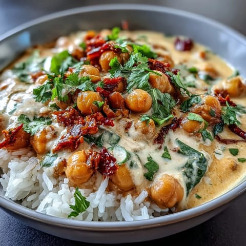 A vibrant vegan curry with sweet mango, creamy coconut, and chickpeas served over fluffy rice for a quick, satisfying meal.  