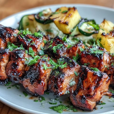 Zesty grilled chicken skewers with sweet pineapple and tender zucchini, basted in a honey-lime glaze for a summer-ready meal.