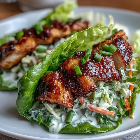 High-protein BBQ chicken lettuce wraps with slaw feature tender, smoky chicken wrapped in crisp lettuce and topped with crunchy, tangy cabbage slaw for a healthy, satisfying meal.