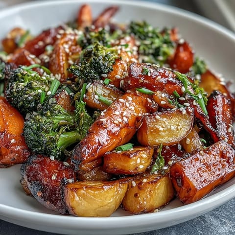 Colorful roasted vegetables glazed with savory miso-butter sauce, featuring caramelized carrots and sweet potatoes.