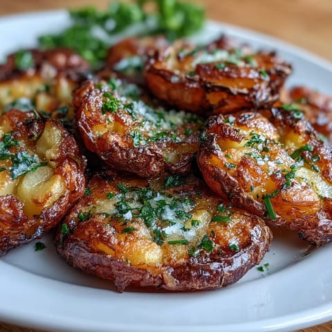 Crispy smashed baby potatoes drizzled with fragrant garlic-infused olive oil and fleur de sel for a golden, flavorful side dish.  