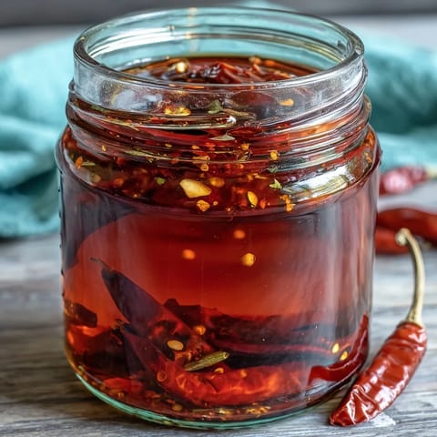 A vibrant jar of spicy Calabrian chili oil with floating garlic slices and crushed red chilies.