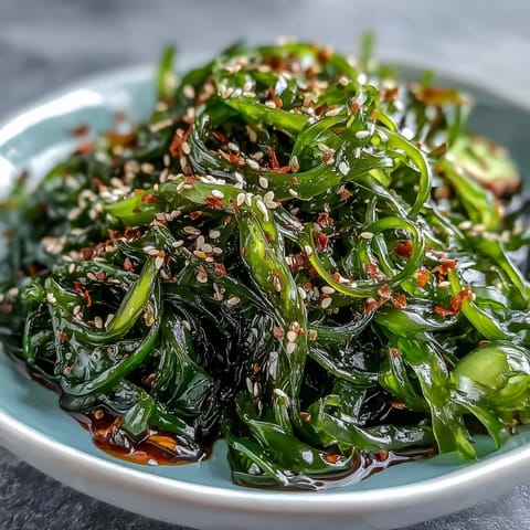 A vibrant seaweed salad with ponzu dressing, crunchy vegetables, and sesame seeds for a fresh Japanese side dish.  